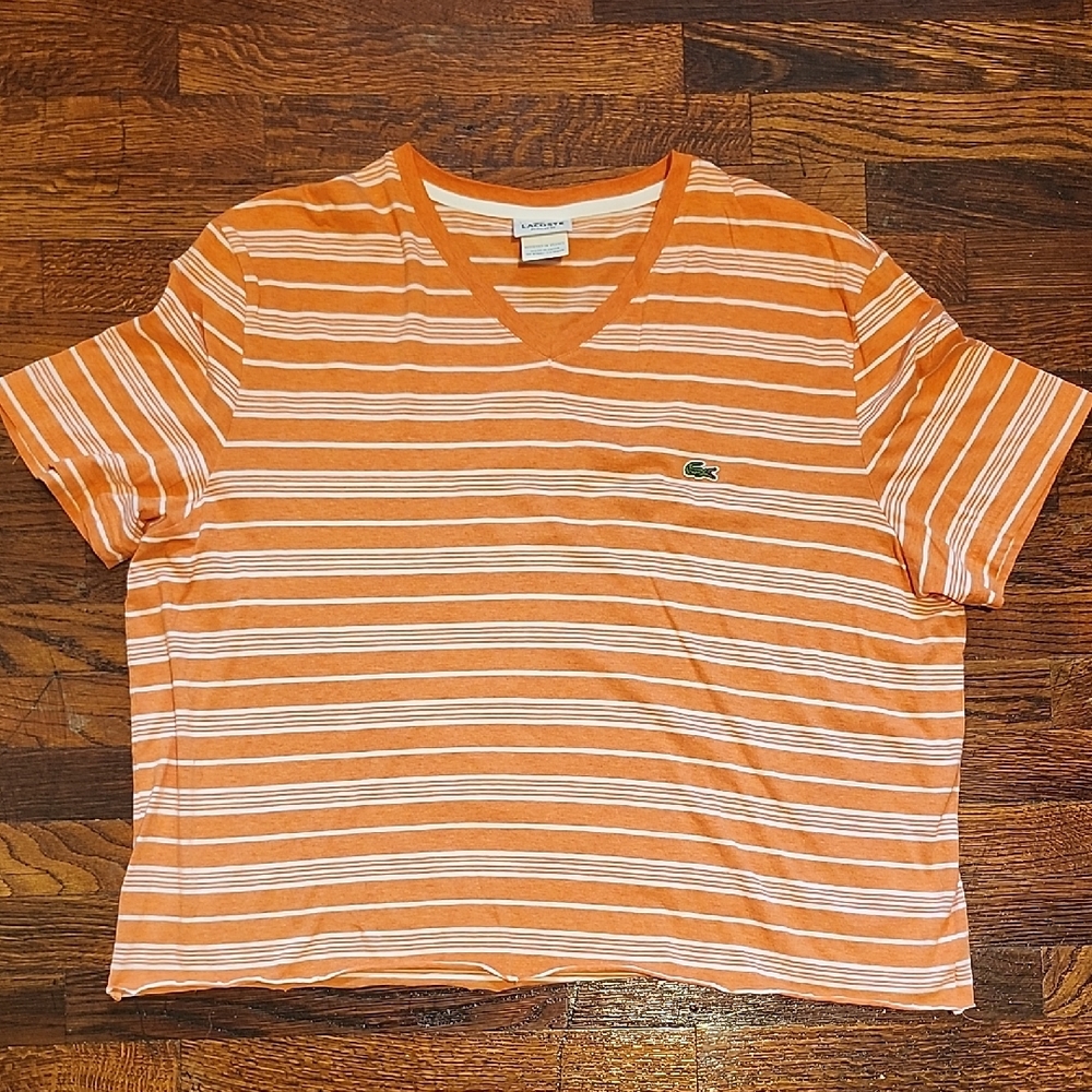Lacoste Preppy Orange and White Striped Cutoff  Cropped VNeck Short Sleeve Tee 7
